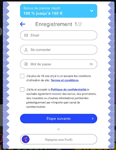 Formulaire d’enregistrement Librabet étape 1 sur 2 avec champs email, mot de passe, cases à cocher pour accepter les conditions et la politique de confidentialité, et bouton « Étape suivante ».