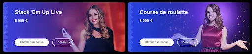 Bannière promotionnelle Stack ’Em Up Live 5 000 € et Course de roulette 8 000 €, avec deux croupières souriantes.