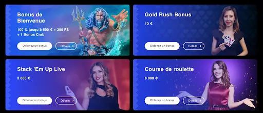 Offres de bonus de casino en ligne avec promotions de bienvenue, Gold Rush, Stack ’Em Up Live et Course de roulette.