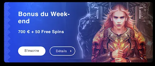 Bonus du Week-end avec offre de 700 € et 50 Free Spins, illustration d’un guerrier en armure dorée devant des statues de lions.