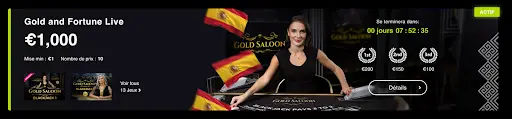 Tournoi Gold and Fortune Live avec cagnotte de 1 000 € et croupière en direct.