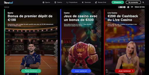 Page d’accueil de LibraBet avec trois offres principales