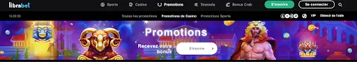 Bannière des promotions du casino Librabet avec personnages mythologiques et bonus affiché.