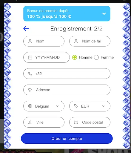 Formulaire d’enregistrement Librabet étape 2 sur 2 avec champs nom, prénom, date de naissance, genre, téléphone, adresse, pays, devise, ville et code postal, et bouton « Créer un compte ».