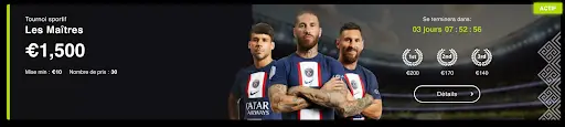 Tournoi sportif Les Maîtres avec cagnotte de 1 500 € et joueurs en maillot PSG.