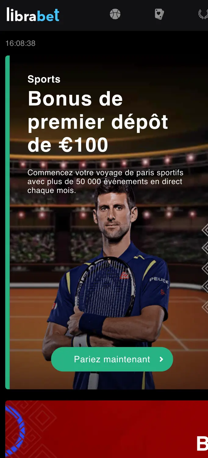 Bonus de premier dépôt de 100 € pour paris sportifs avec joueur de tennis.
