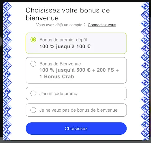 Formulaire Librabet pour choisir le bonus de bienvenue avec options : 100 % jusqu’à 100 €, 100 % jusqu’à 500 € + 200 tours gratuits + 1 Bonus Crab, saisie d’un code promo ou refus du bonus.