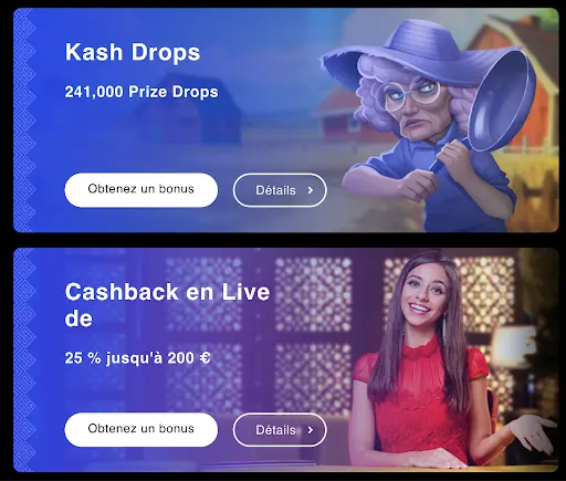 Bannière promotion Kash Drops avec 241,000 Prize Drops et personnage animé en arrière-plan.