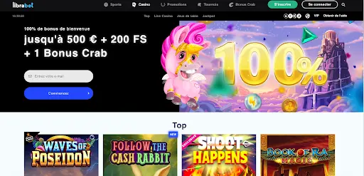 Offre de bienvenue Librabet avec 100% de bonus jusqu’à 500 €, 200 tours gratuits et 1 Bonus Crab, illustrée par une licorne rose.