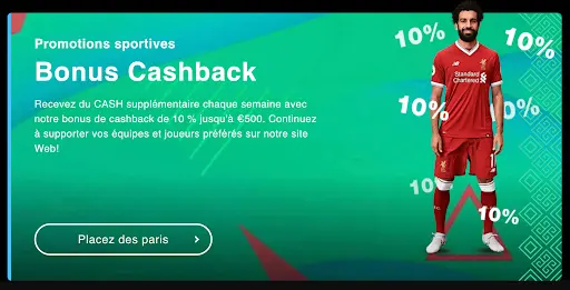 Bonus Cashback sportif 10 % jusqu’à 500 € avec joueur de football.
